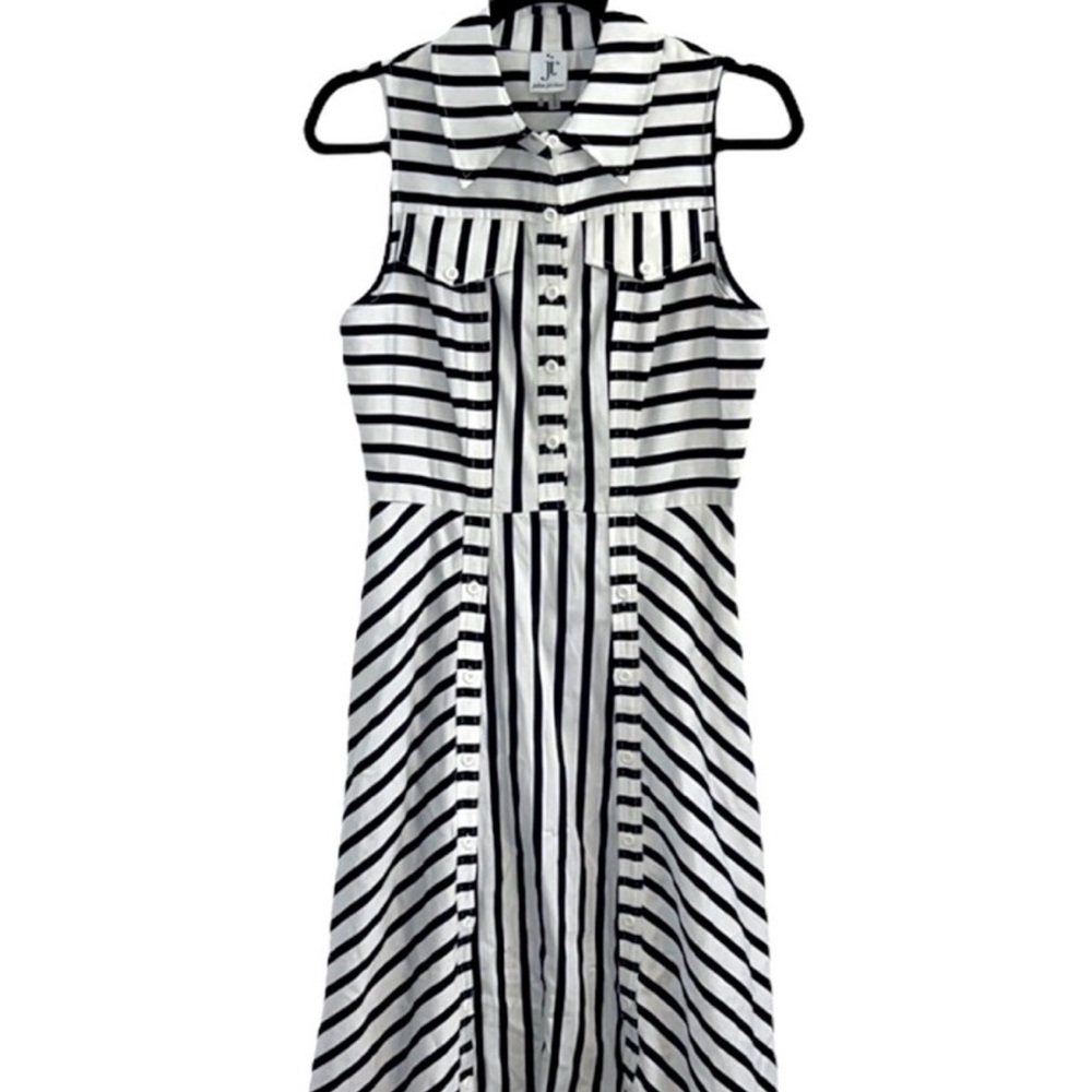 Julie Jordan white and black stripe A line sleeveless shirt dress.